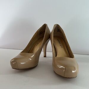 Madden Girl Nude Patent Leather Pumps.Covered 3/4 inch Platform & 3.5 Inch Heels